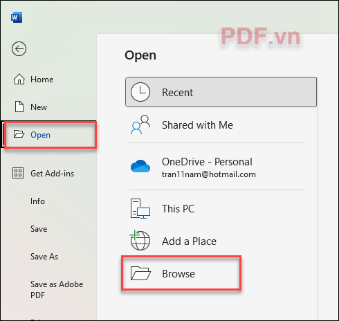Chọn Open - nhấn Browse để tìm và Open file PDF đã scan mà bạn muốn chỉnh sửa