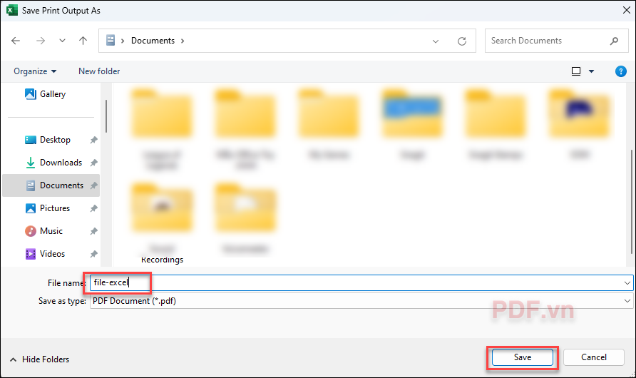 Chọn thư mục để lưu file PDF, nhập tên file và nhấn Save