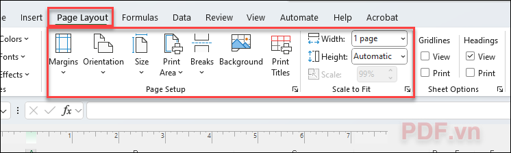 Chuyển sang tab Page Layout