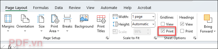 Đánh dấu vào Print trong mục Gridlines để giữ lại các đường lưới