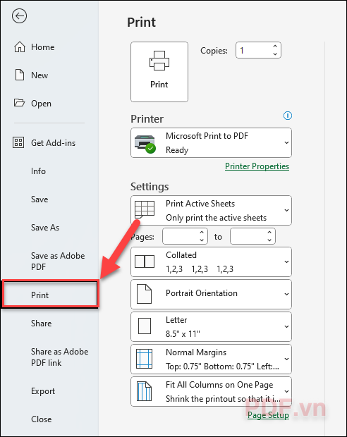 Để xuất file PDF, bạn vào File  Print