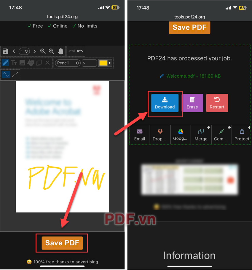 Nhấn Save PDF  Download để tải xuống file PDF đã được chỉnh sửa