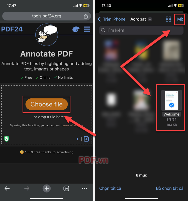 Nhấn vào Choose file và tải lên file PDF được lưu trong điện thoại