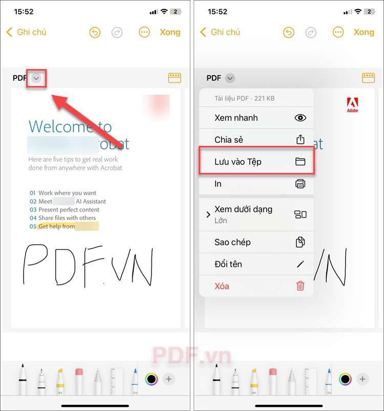 Nhấn vào dấu mũi tên bên cạnh PDF chọn Lưu vào tệp hoặc Chia sẻ