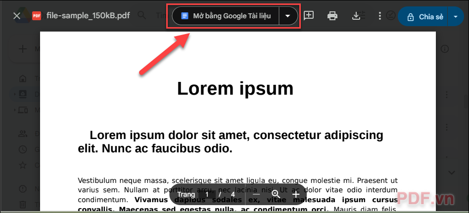 Nhấp chuột phải vào file PDF trong Google Drive và chọn Mở bằng Google Tài liệu
