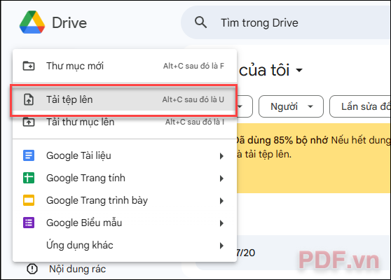 Tải file PDF đã scan lên Google Drive bằng cách nhấn vào nút Mới và chọn Tải tệp lên