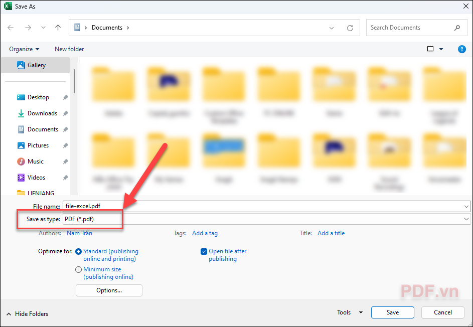 Tại mục Save as type, bạn nhấn chọn PDF để lưu file dưới định dạng PDF