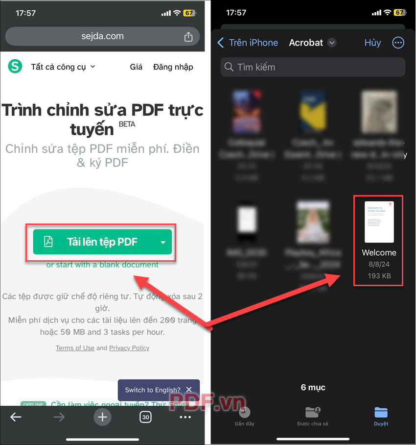 Truy cập vào công cụ trực tuyến Sejda PDF chọn Tải lên tệp PDF