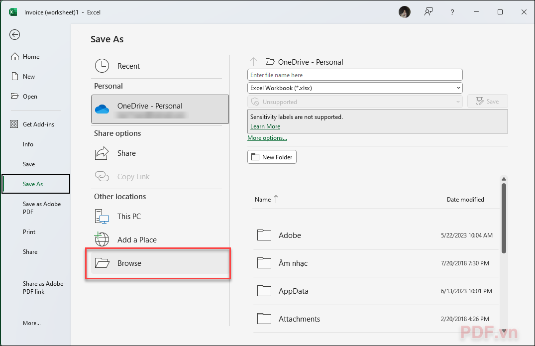Vào tab File trên thanh menu  bạn ấn chọn Save As  click Browse