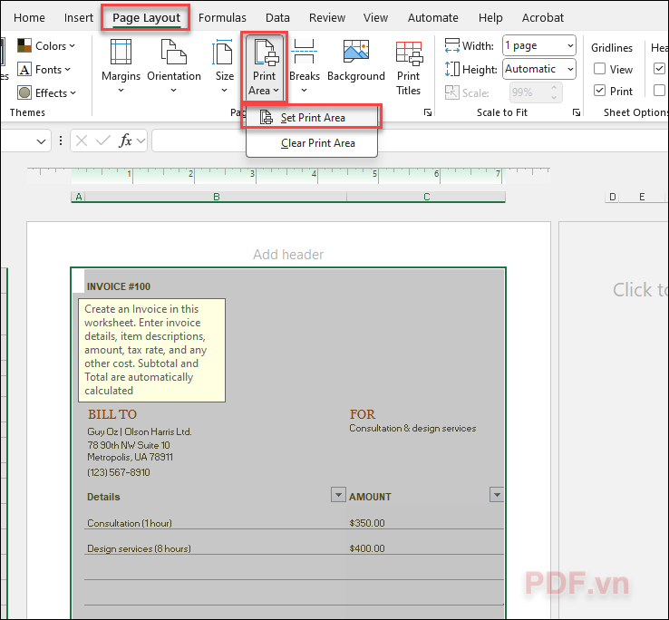 Vào tab Page Layout chọn Print Area sau đó ấn Set Print Area
