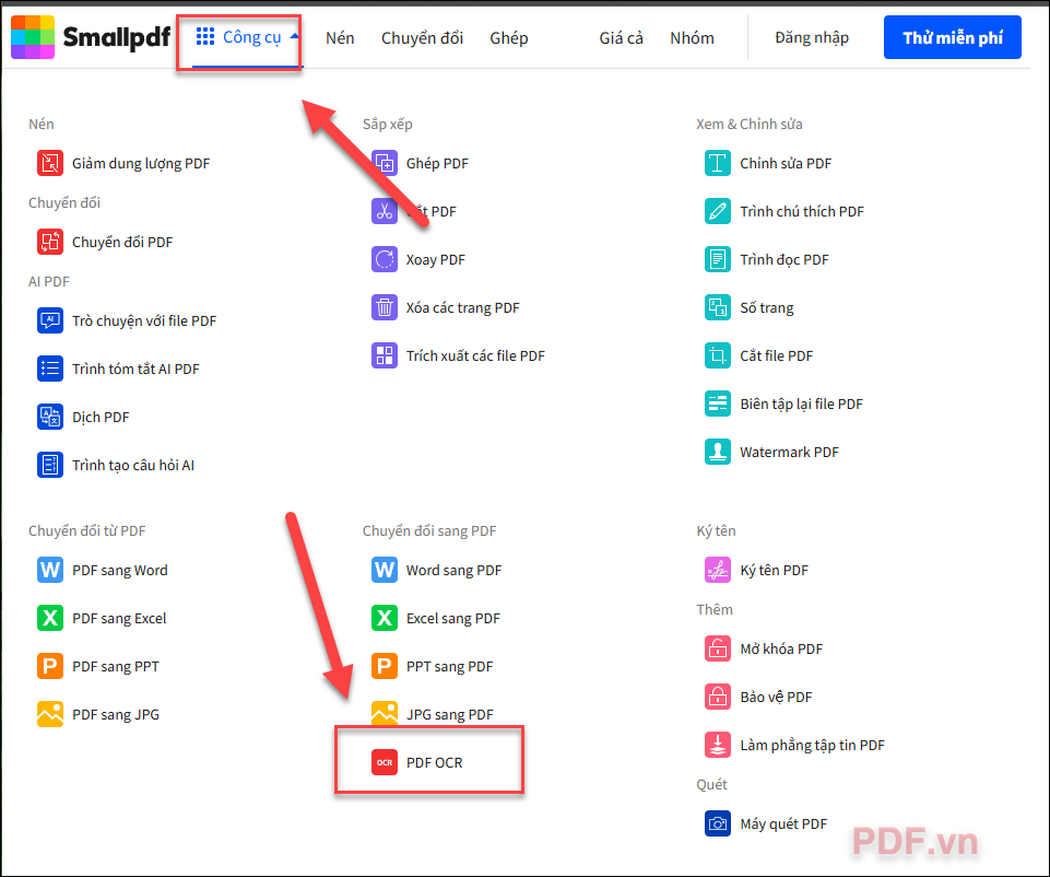 Chọn công cụ PDF OCR trên giao diện của Smallpdf