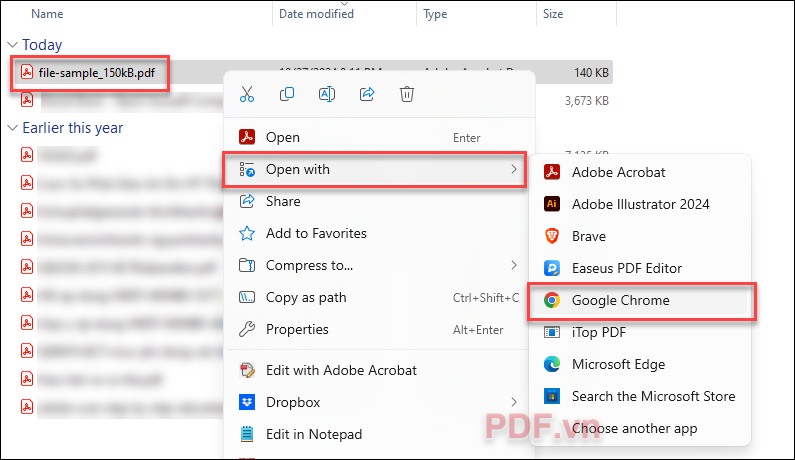 Click chuột phải vào file PDF  Open with  chọn trình duyệt web