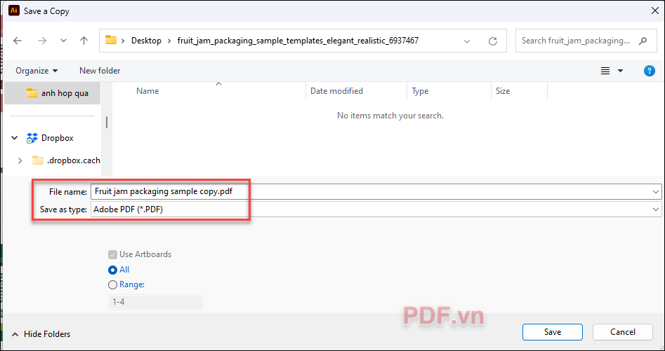 Chọn định dạng Adobe PDF (pdf), tên file hiện lên với đuôi copy pdf