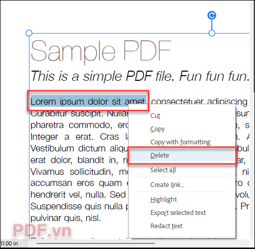Chọn văn bản xóa, nhấn phím Backspace hoặc ấn chuột phải và nhấn Delete
