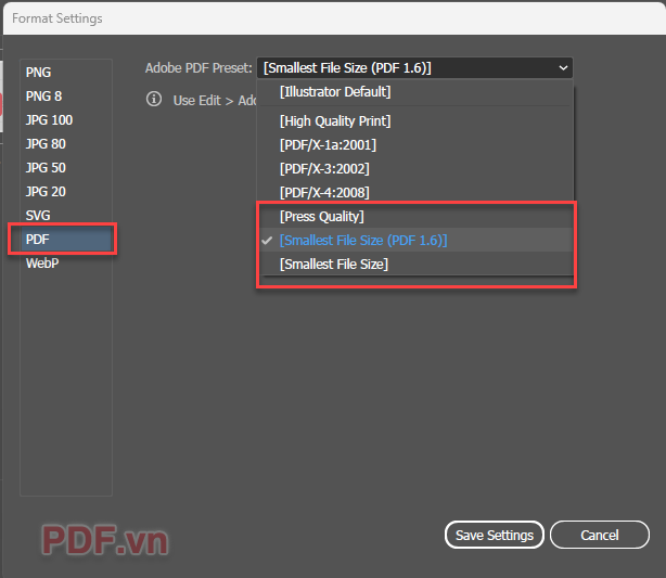 Nhấn vào PDF - chọn Preset [Press Quality] hoặc [Smallest File Size] - Save Settings