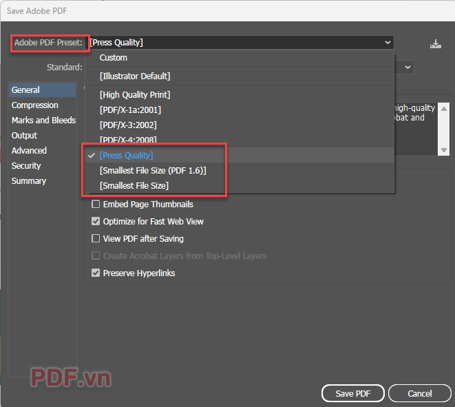 Sau khi nhấn Save, cửa sổ thiết lập Save Adobe PDF sẽ xuất hiện