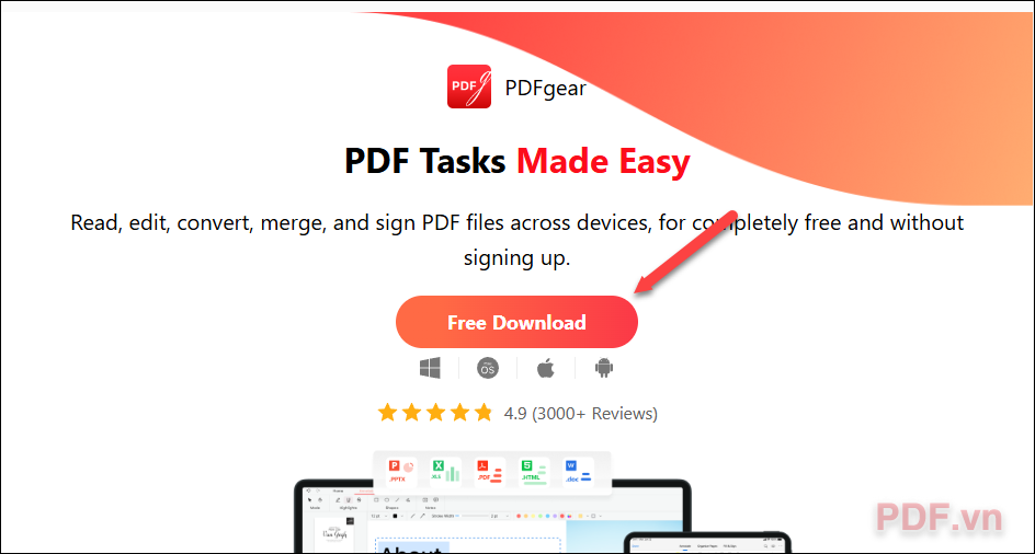 Tải xuống và cài đặt PDFgear từ trang web chính thức (nhấn vào nút Free Download)