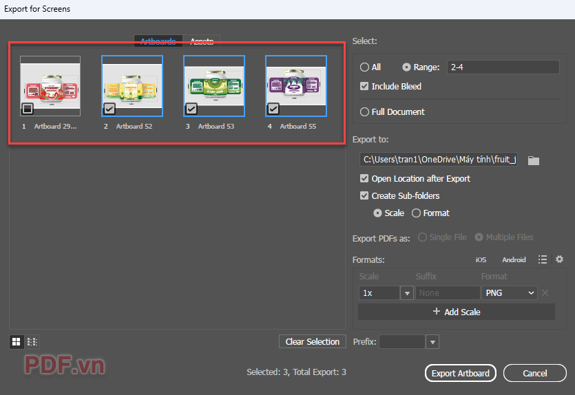 Tiếp đó, chọn những Artboard bạn muốn xuất file