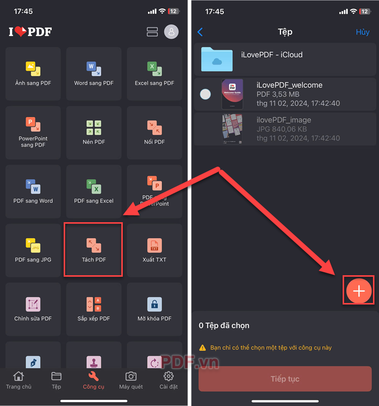 Bấm vào dấu cộng để chọn file PDF cần cắt từ thiết bị của bạn