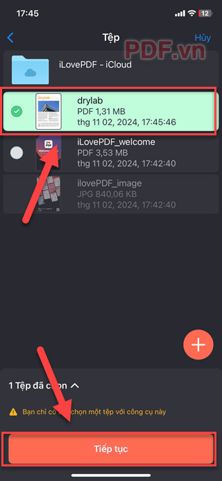 Khi file PDF đã được thêm vào ứng dụng, bạn nhấn chọn nó rồi Tiếp tục