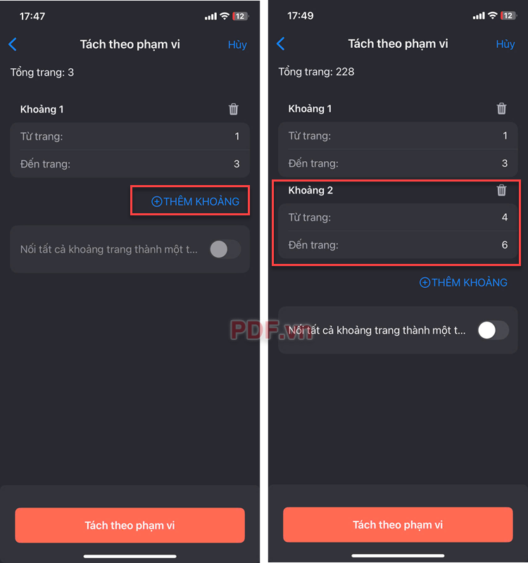 Nhấn nút Thêm khoảng, rồi nhập chính xác số trang tương tự như trên