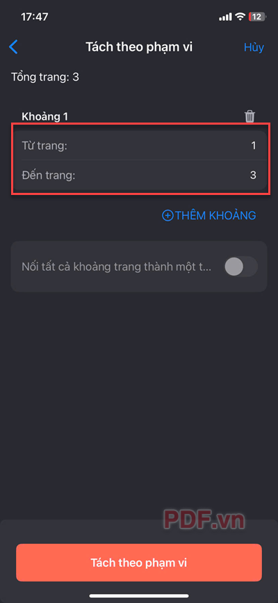 Nhập phạm vi trang bạn muốn cắt từ file PDF gốc, ví dụ từ trang 1 đến trang 3