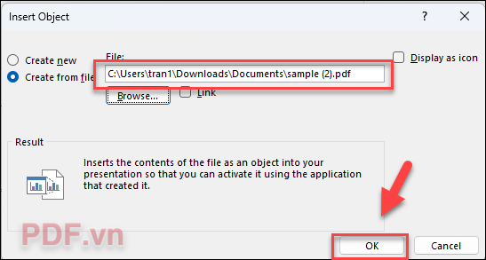 Nhấn OK để chèn file PDF vào slide PowerPoint