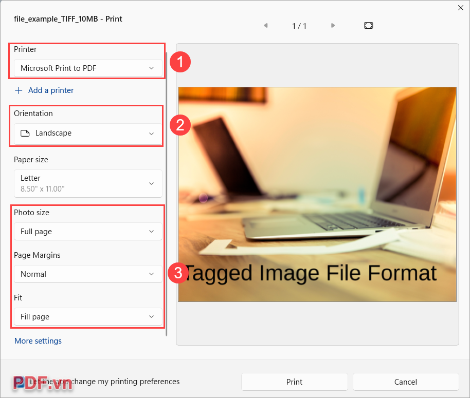Chọn Print để xuất bản file TIFF thành file PDF