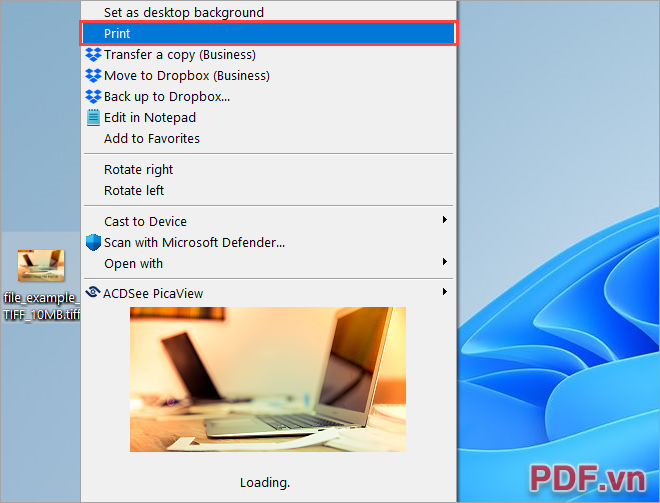 Click chuột phải vào file TIFF trên máy tính và chọn Print để khởi động công cụ in