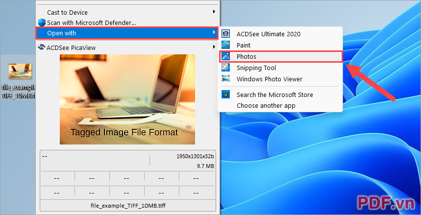 Nhấn Open With và chọn Photos để mở file TIFF